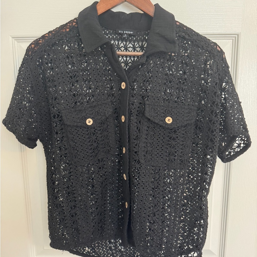 Blu Pepper Black Crochet Button-Front Women's Top